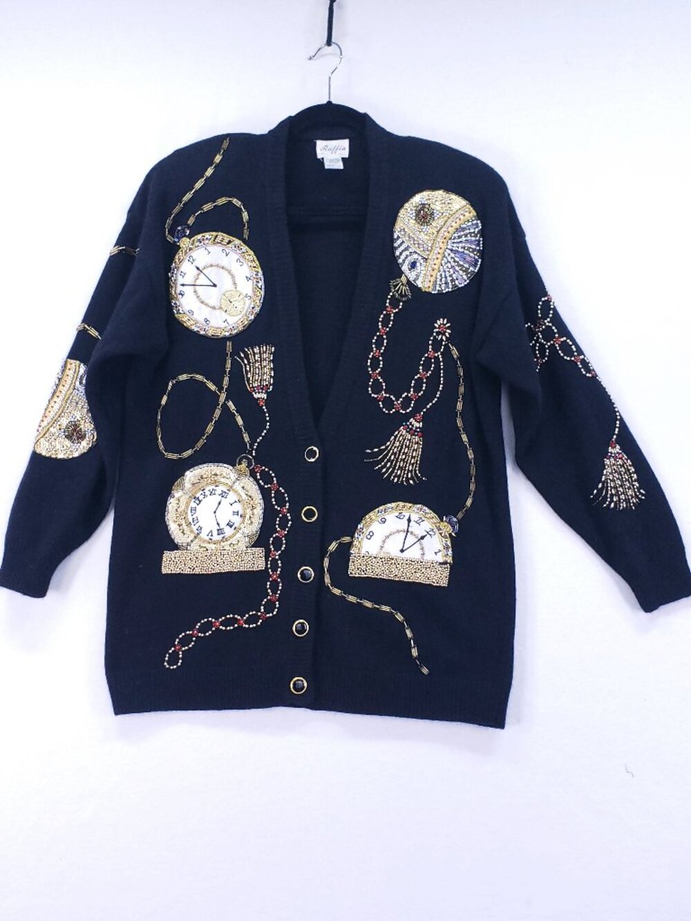 Vintage Raffia Cardigan Sweater Lambswool Angora Blend Large Black Sequin Clocks